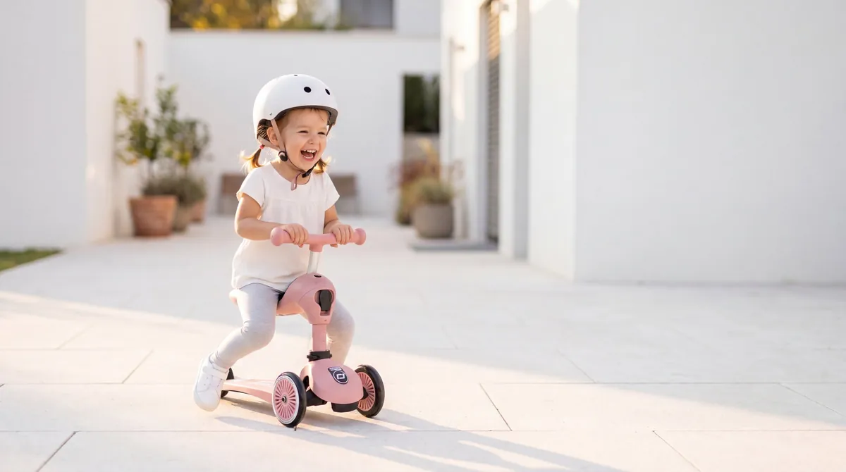 Nevető kislány bukósisakban Scoot and Ride Highwaykick rollerrel
