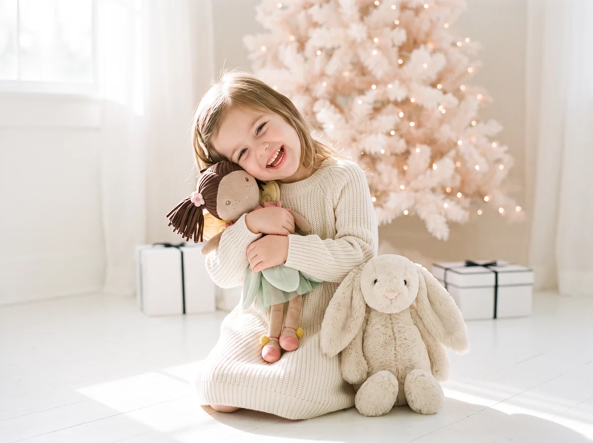 Kislány Little Dutch tündérbabát ölel a karácsonyfa előtt, mellette Jellycat nyuszi