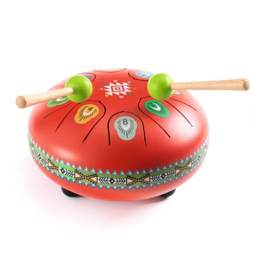Djeco Játékhangszer - Rezgőnyelves acél dob, 8 hangú, piros - Red Metal Tongue Drum