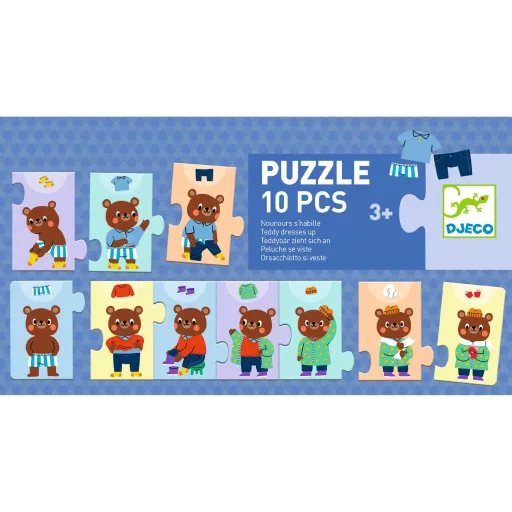Djeco Sorozatkirakó puzzle - Mackó öltözködik, 10 db-os - Teddy dresses up