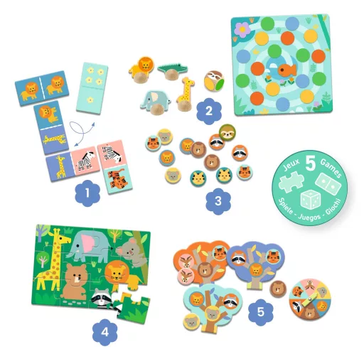 Djeco Társasjáték - 5 az 1-ben, Vadállatok - Wild animals, 5 GAMES