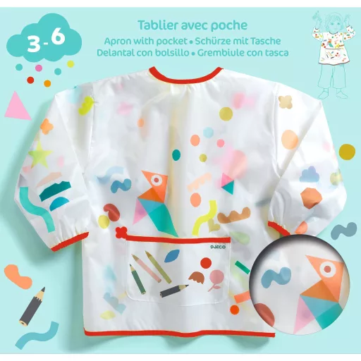 Djeco Kötény zsebbel - Matrica és ceruza mintás - Apron with pocket - Stickers and pencils