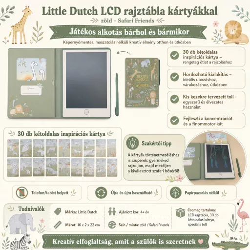 Little Dutch LCD rajztábla kártyákkal zöld - Safari Friends