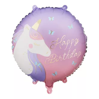 Kerek fólia lufi - Happy Birthday unikornis - 35 × 35 cm