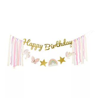 Happy Birthday felirat - Unikornis - 230 × 17,5 cm