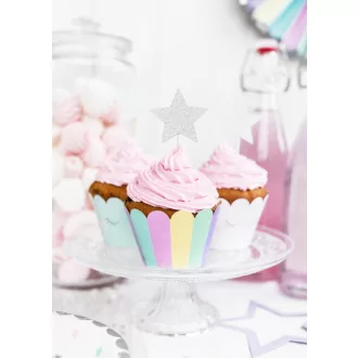 Muffin beszúró - Unikornis és csillagok - ezüst csillámos - 11,5 cm - 6 db