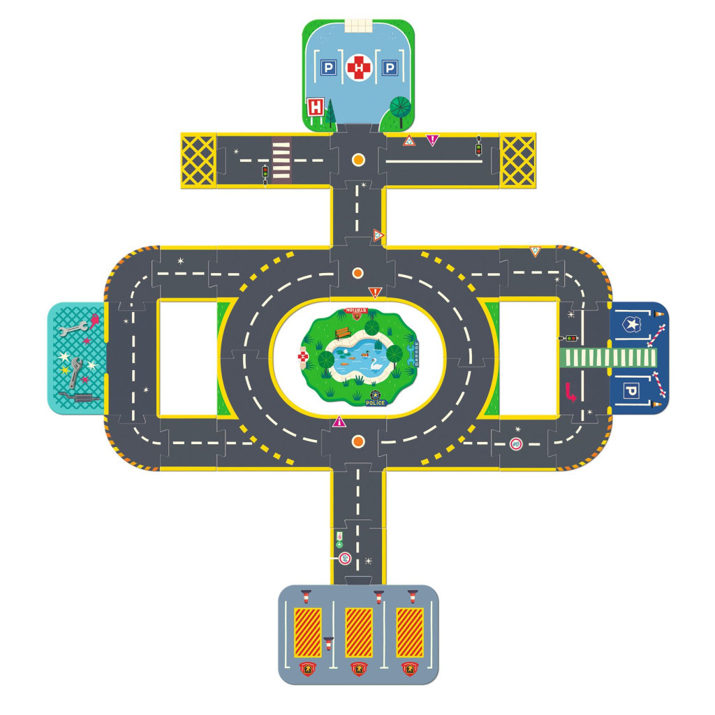 Djeco CRAZY MOTORS autópálya - Városi úthálózat épület elemekkel - Puzzl'Up City-Giant- 33 pcs