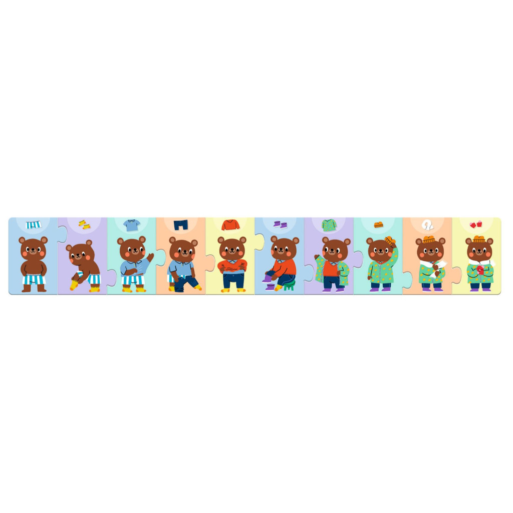 Djeco Sorozatkirakó puzzle - Mackó öltözködik, 10 db-os - Teddy dresses up